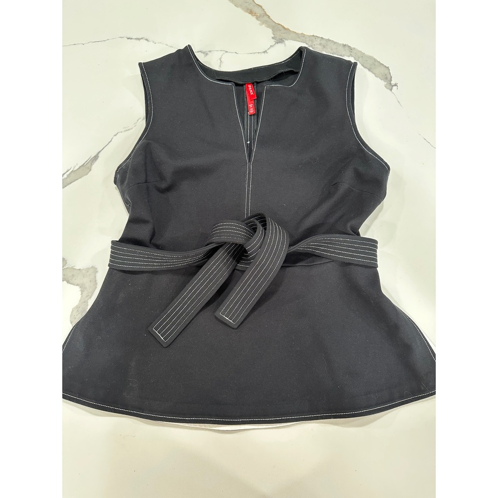 Spanx‎ Perfect Peplum Top Black White Contrast Stitch Sleeveless Belted Medium
